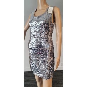 Sexy Women Short Sleeve Silver‎ Sequin Mini Club Party Cocktail Dress Small